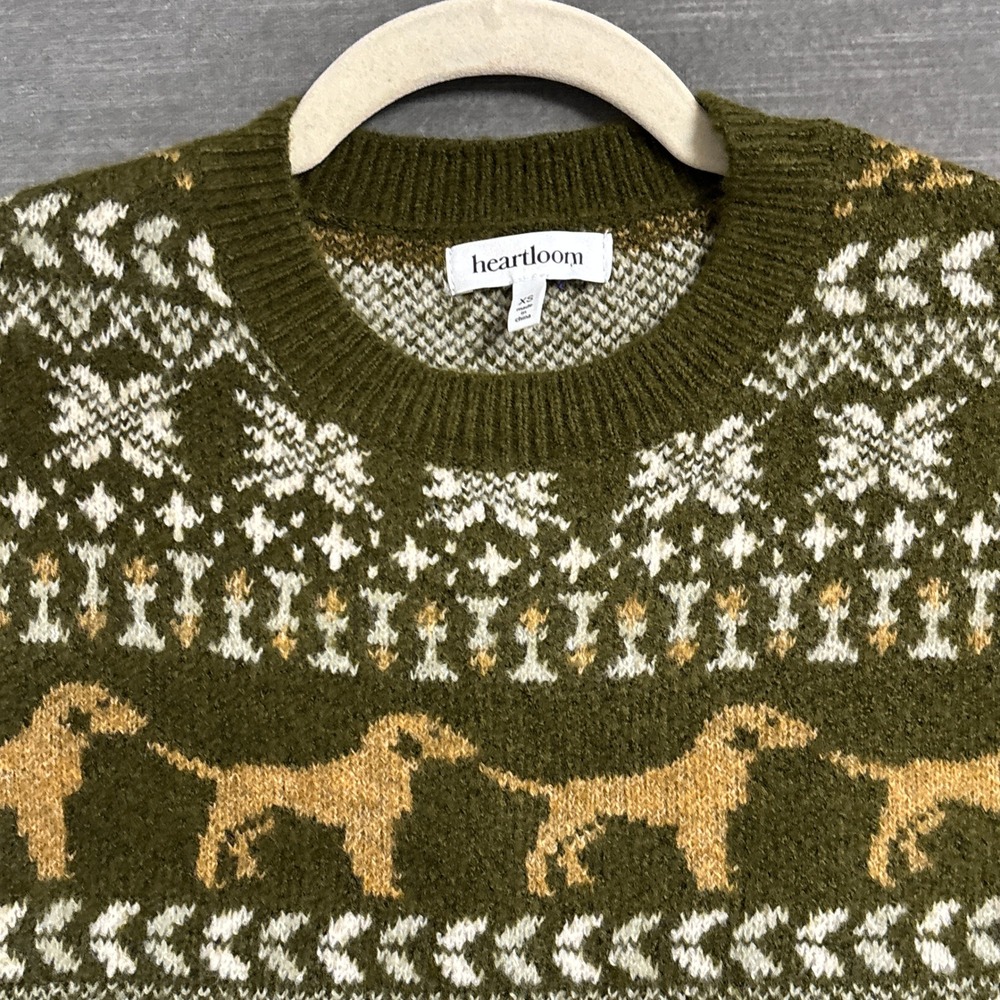 Heartloom Fair Isle Sweater XS Green Dog Nordic Snowflake Forest Knit Winter - Picture 2 of 10